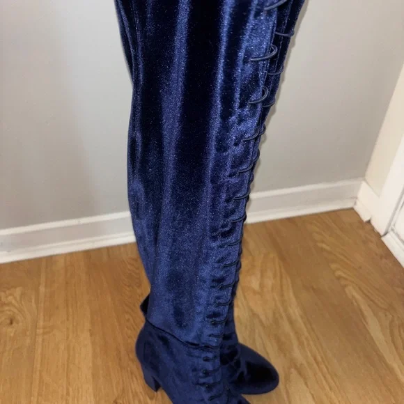 Elegant Navy Velvet Knee-High Boots - Picture 7 of 9